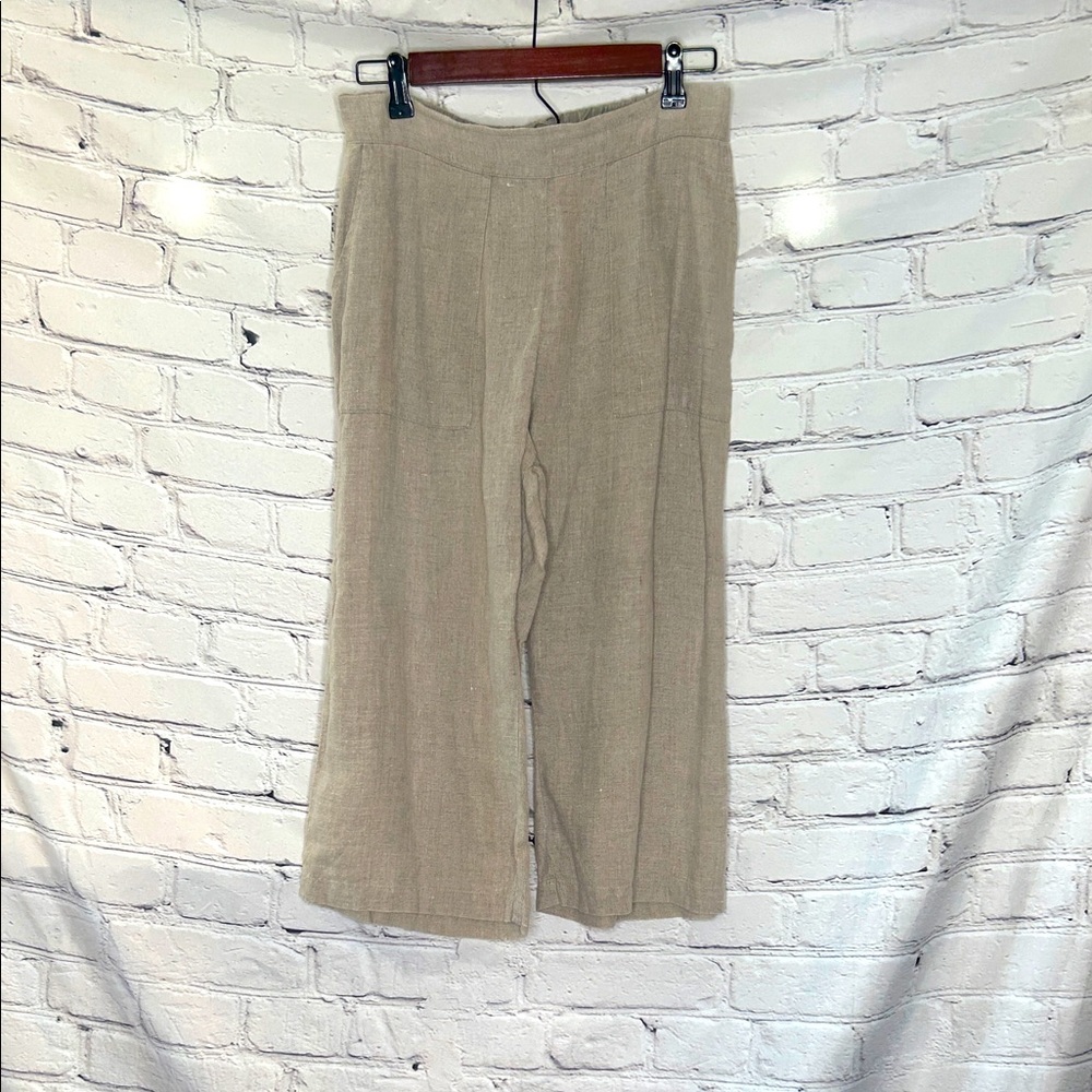 Flax Beige Wide-Leg Mid-Calf Linen Cropped Pants Size Small Excellent Condition